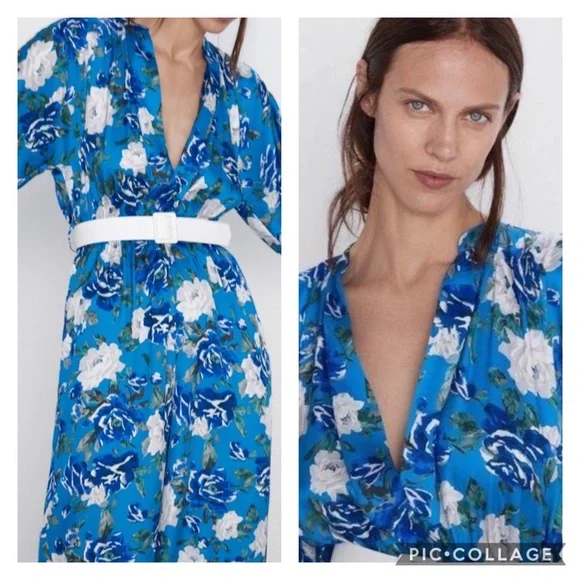 NWOT Zara Blue Floral Print Jumpsuit